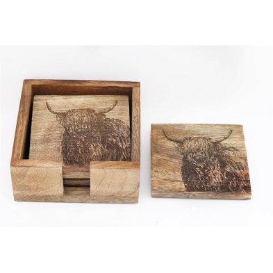 4x Cow Coaster Wood With Engraved Pattern 10cm