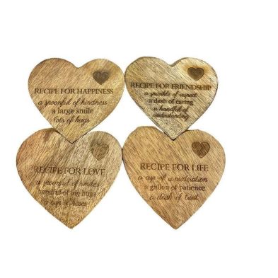 4x Heart Coaster Wood With Slogan Pattern 105cm