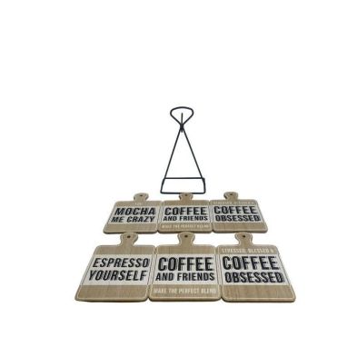 6x Coaster Metal Wood With Coffee Slogans Pattern 13cm