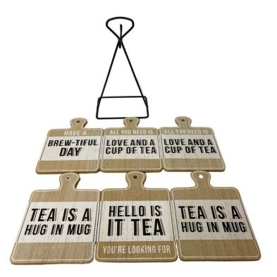 Product photograph of 6x Coaster Metal Wood With Tea Slogans Pattern - 13cm from QD stores