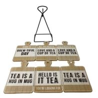 See more information about the 6x Coaster Metal & Wood with Tea Slogans Pattern - 13cm