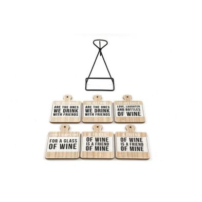 Product photograph of 6x Coaster Metal Wood With Wine Slogans Pattern - 13cm from QD stores