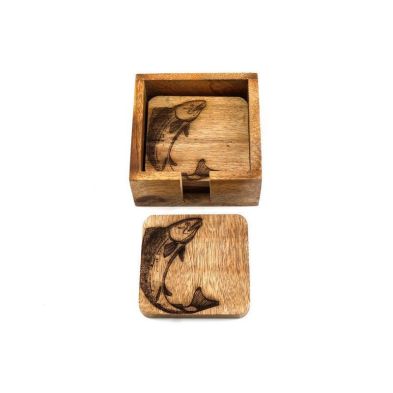 Product photograph of 4x Fish Coaster Wood With Engraved Pattern - 10cm from QD stores