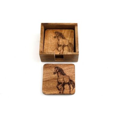 4x Horse Coaster Wood With Engraved Pattern 10cm