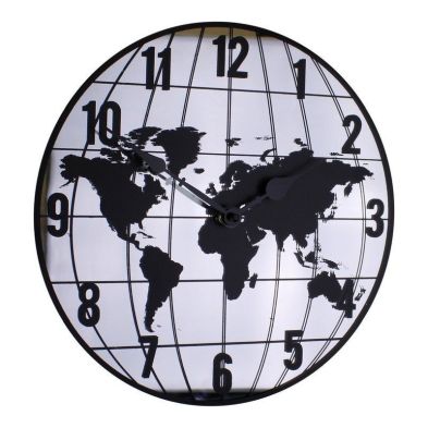Map Clock Glass Black Wall Mounted Battery Powered 30cm