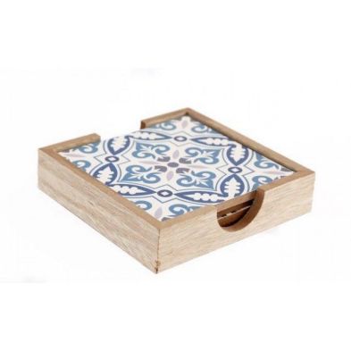 4x Coaster Wood Blue White With Ornate Pattern 10cm