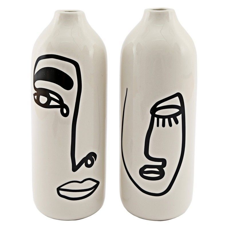 2x Vase Ceramic White with Face Pattern - 23cm