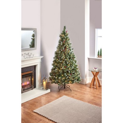 7ft Berries Cones Christmas Tree Artificial White Frosted Green With Led Lights Warm White 1056 Tips