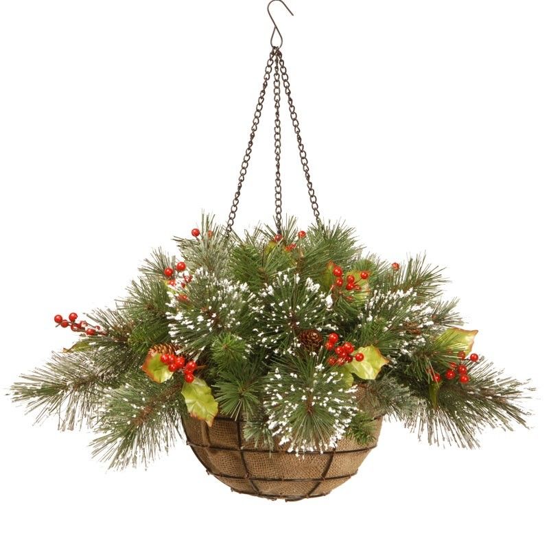 Hanging Basket Christmas Decoration White Frosted Green & Red - 35cm Wintry Pine 