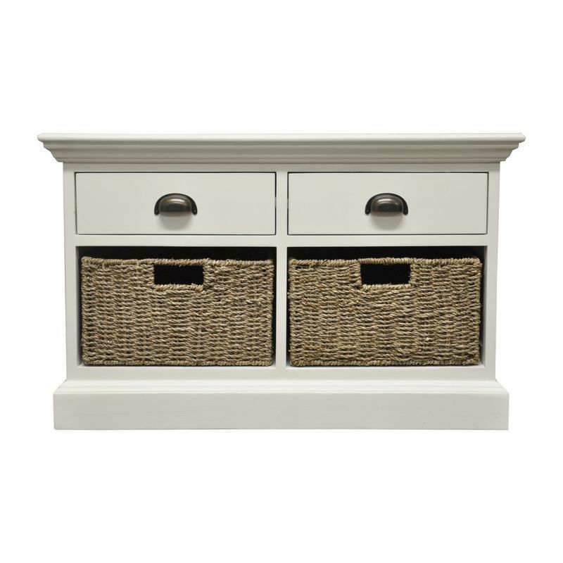 Wicker Farmhouse Hall Bench Wood White 2 Drawers
