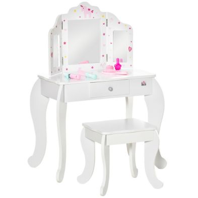 Homcom Kids Vanity Table Stool Girls Dressing Set Make Up Desk Chair Dresser Play Set With Rotatable Mirrors Drawer Star Heart Pattern White