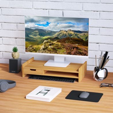 Product photograph of Homcom Monitor Riser Laptop Pc Plinth Stand Tv Computer Desktop Organiser With Drawer Bamboo from QD stores