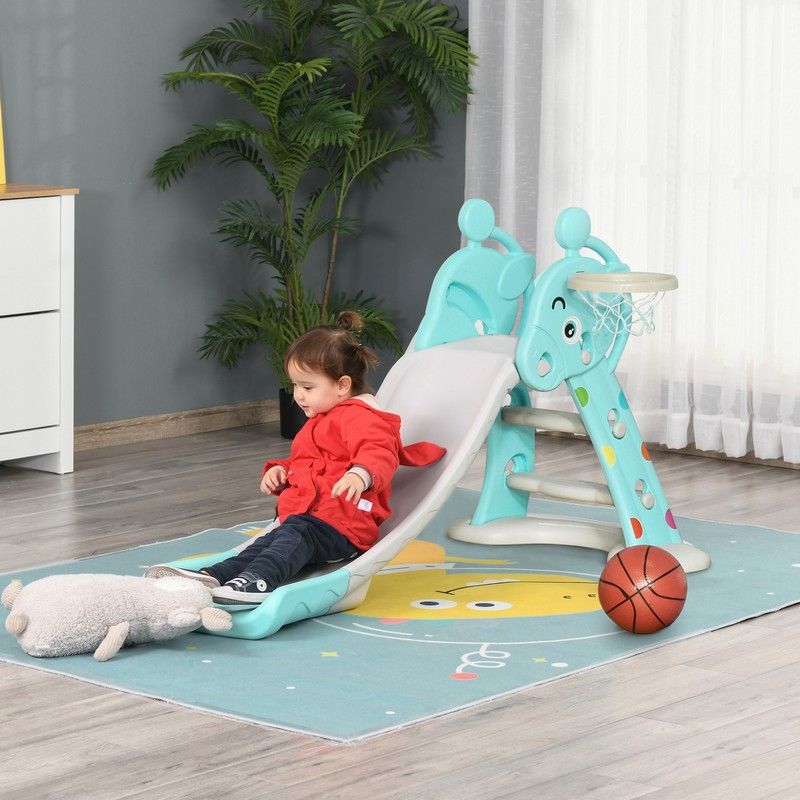 Homcom 2 in 1 Kids Slide with Basketball Hoop 18 months -4 Years Old Deer Blue