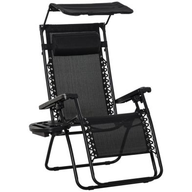 Product photograph of Outsunny Zero Gravity Garden Deck Folding Chair Texteline Patio Sun Lounger Reclining Seat With Cup Holder Canopy Shade - Black from QD stores