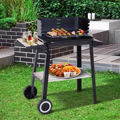 Product photograph of Outsunny Trolley Charcoal Bbq Barbecue Grill Outdoor Patio Garden Heating Smoker With Side Trays Storage Shelf And Wheels from QD stores
