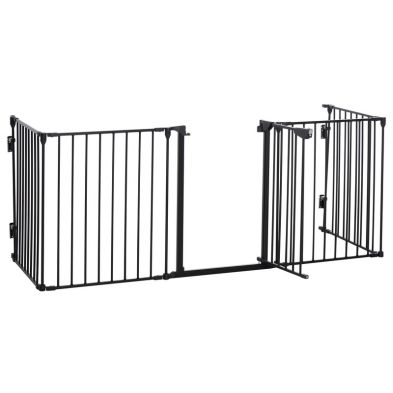 Pawhut Pet Safety Gate 5 Panel Playpen Fireplace Christmas Tree Metal Fence Stair Barrier Room Divider With Walk Through Door Automatically Close Lock Black